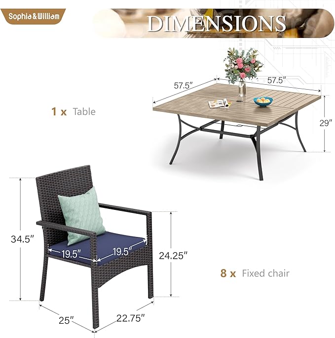 Sophia & William 9 Pieces Patio Dining Set for 8, 57" Large Square Patio Table and Rattan Chairs Set, All Weather Outdoor Dining Set, 8 People Metal Patio Table Set for Outside, Teak Color Tabletop