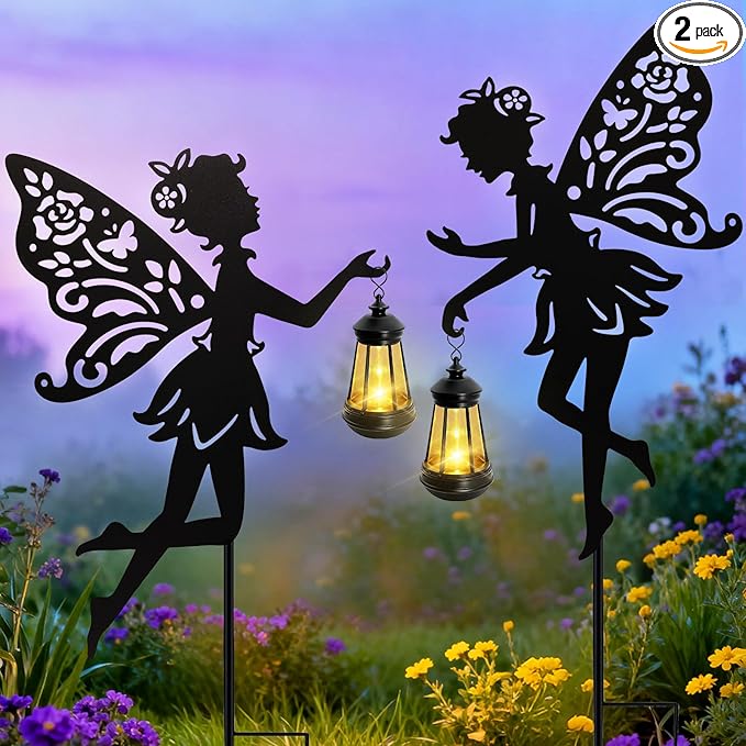 Solar Fairy Garden Statues Outdoor Decor, 2 Pack Metal Fairy Figurine Light Stake,Housewarming Ornament for Patio, Lawn, Yard, Pathway - Unique Gift Ideas for Gardening Mom Grandma Birthday