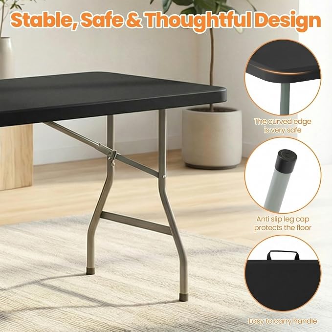6FT Folding Table Set with 6 Plastic Folding Chairs, Black Heavy Duty Fold-in-Half Utility Table Chairs Sets for Picnic, Event, Training, Dining, Outdoor Activities Commercial Use