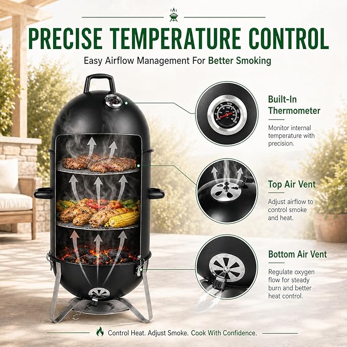 19 Inch Charcoal Smoker for Meat, Bullet Smoker, Vertical Smoker Grill for Backyard and Patio BBQ | 3-Layer Cooking Space with Built-In Thermometer and Dual Air Vents | Front Access Door and Ash Tray