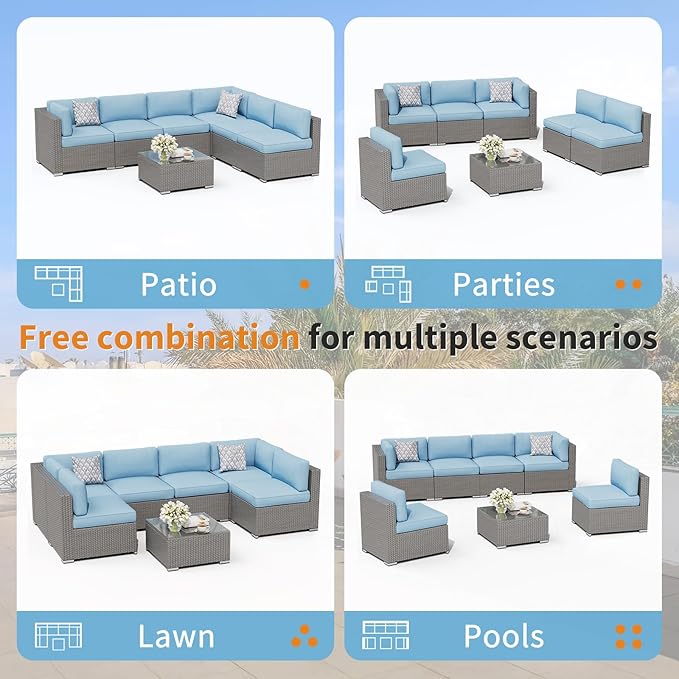 Oakcloud 8-Piece Outdoor Patio Furniture Sofa Set with 45” Propane Gas Fire Pit Table, Grey Rattan Wicker Sectional Conversation Sets with Glass Top Tables and Cushions(Haze Blue, w/Fire Pit Table)