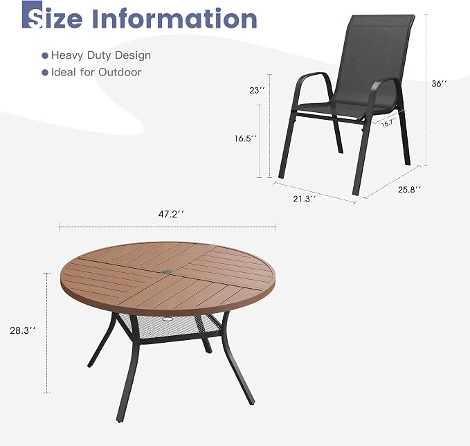 VICLLAX Round Outdoor Patio Dining Set for 6, Metal Slatted Patio Table with Umbrella Hole and 6 Stackable Patio Chairs for Deck Lawn Garden, Black Fabric and Walnut Tabletop