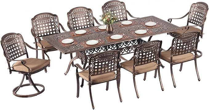 Redlife 9-Piece Cast Aluminum Outdoor Dining Set, 86" Rectangular Patio Table with Umbrella Hole, 2 Swivel Rocker Chairs & 6 Stackable Chairs with Cushion,Lattice Backrest, All-Weather Waterproof