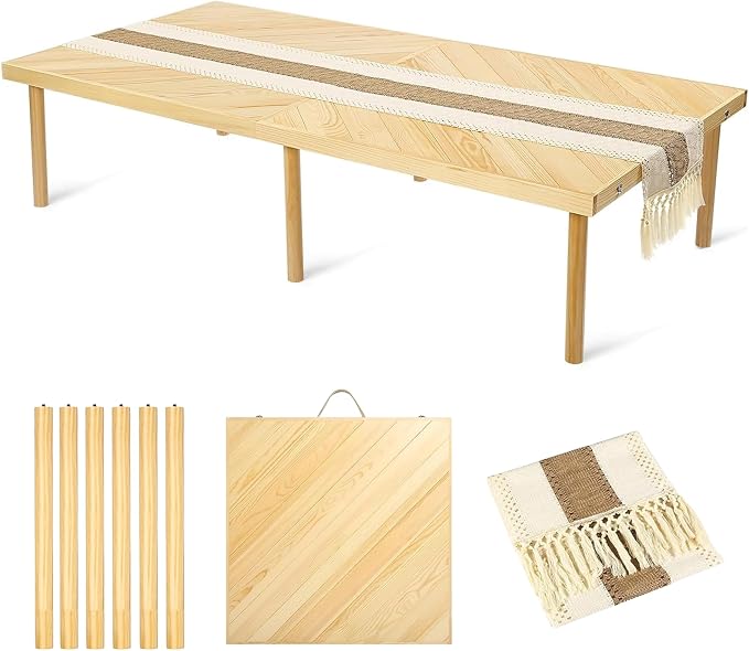 60x30in Boho Wooden Foldable Picnic Table, Portable Outdoor Low Table for Sitting On The Floor with Legs,for 6-8 People,Ideal for Camping, Garden,Party,Picnics & Parties,Logcolor (Log Color)