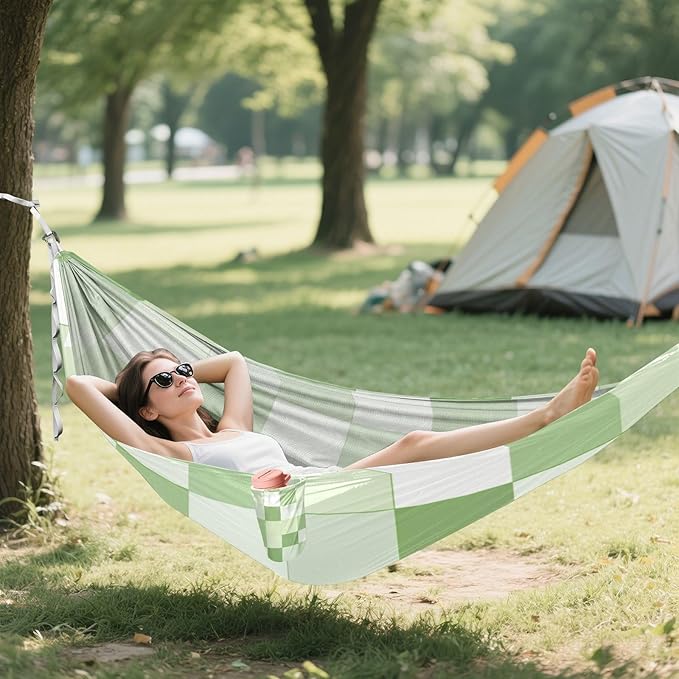 Light Green and White Checkered Pattern 330lb Capacity Camping Hammocks with Portabl Carry Bag Swing Hammock for Outside Patio Backyard Poolside hamaca para adultos