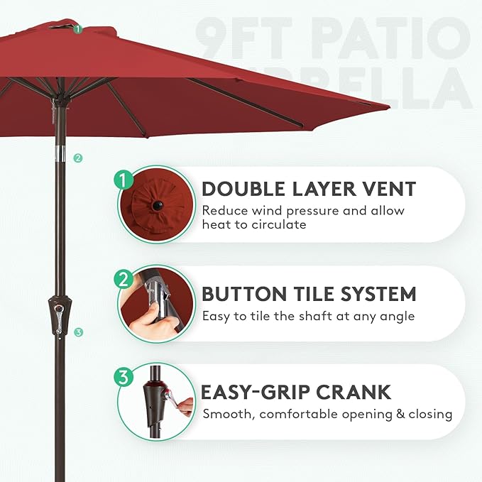 JEAREY Outdoor Patio Umbrella 9FT Outdoor Table Umbrella with Push Button Tilt and Crank, Market Umbrellas 8 Sturdy Ribs UV Protection Waterproof for Garden, Deck, Pool (Cherry Red)