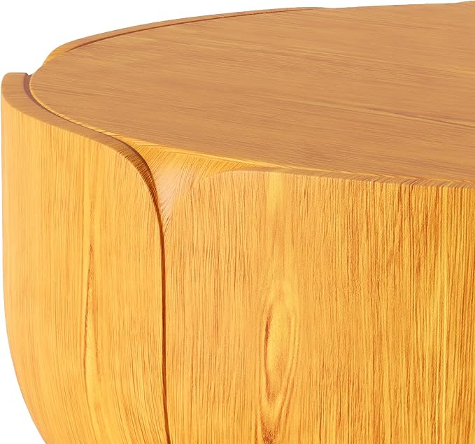 36" Round Outdoor Coffee Table Natural Waterproof Sturdy MGO Wood Texture Grain Drum Center Table for Patio Garden Backyard Living Room, No-Assembly