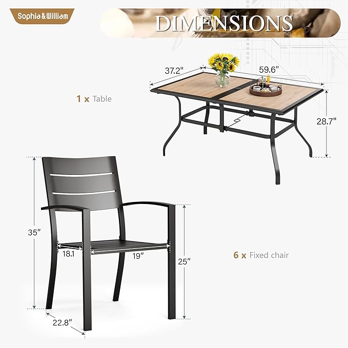 Sophia & William Patio Dining Set Metal Outdoor Table and Chairs Furniture Set 7 Piece, Large 60" Imitation Wood Dining Table with Umbrella Hole and 6 Stackable Outdoor Chairs Support 300LBS