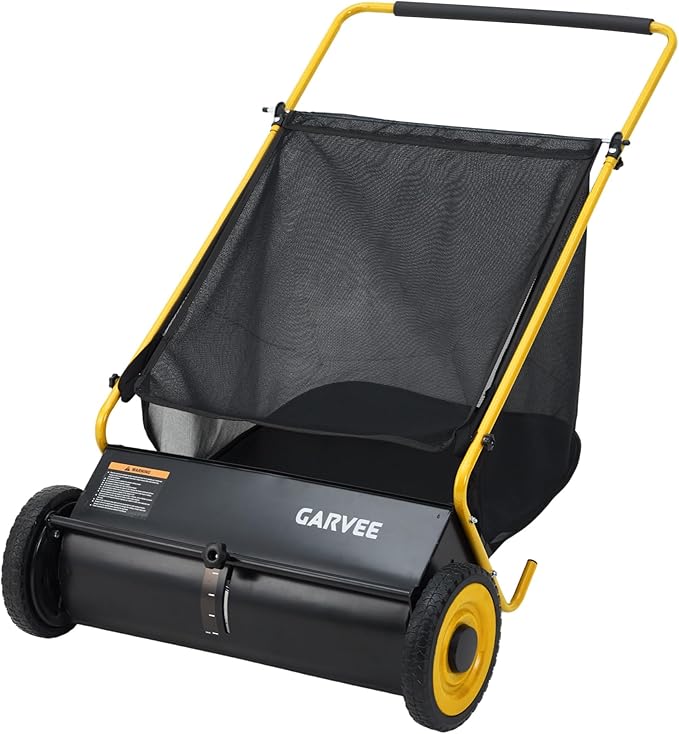 Garvee Push Lawn Sweeper, 26 in Leaf & Grass Collector with 7 Cu. ft. Hopper Bag, 4 Spinning PP Brushes, Durable Steel Construction, Adjustable Height & Rubber Tires for Leaves Grass Cleanup