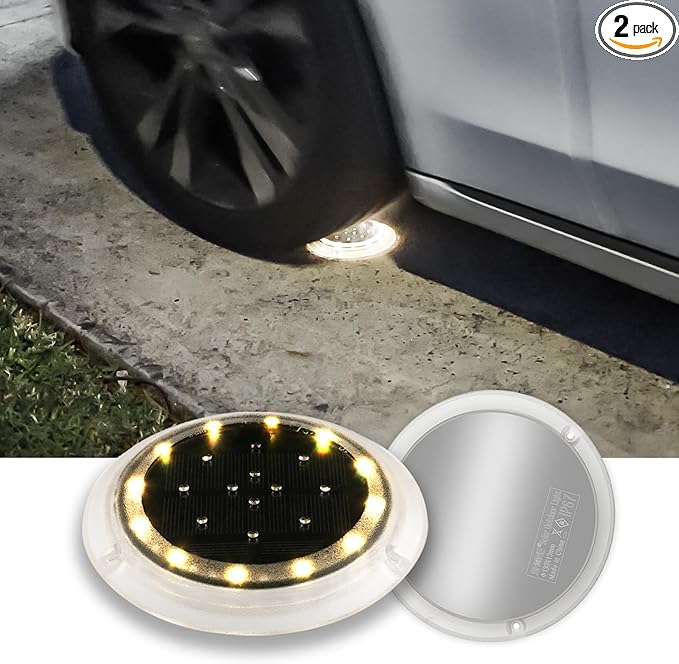 SHONELIGHTING Solar Dock Lights Outdoor Waterproof, Flat Low Profile Disc LED for Deck, Driveway, Ground & Pathway, Anti-Slip & Anti-Trip (Warm White, 2Pack)