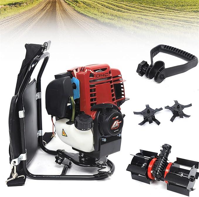 35.4CC 4-Stroke Grass Trimmer, 1000W 3 in 1 Brush Cutter Gas Powered Backpack Lawn Mower Gasoline Weed Eater Garden Rototiller for Yard Farmland Weeding, Scarifying and Cutting