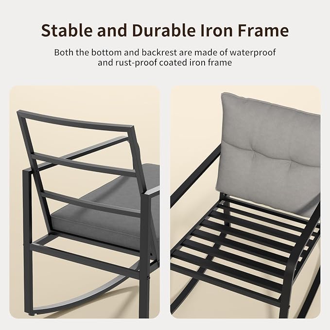 Gizoon 7-pc Outdoor Patio Furniture Set, Black Steel Patio Rocking Chairs Conversation Set with Loveseat, 6-Person Porch Bistro Set with Glass Coffee Table & Side Tables for Garden, Backyard, Grey