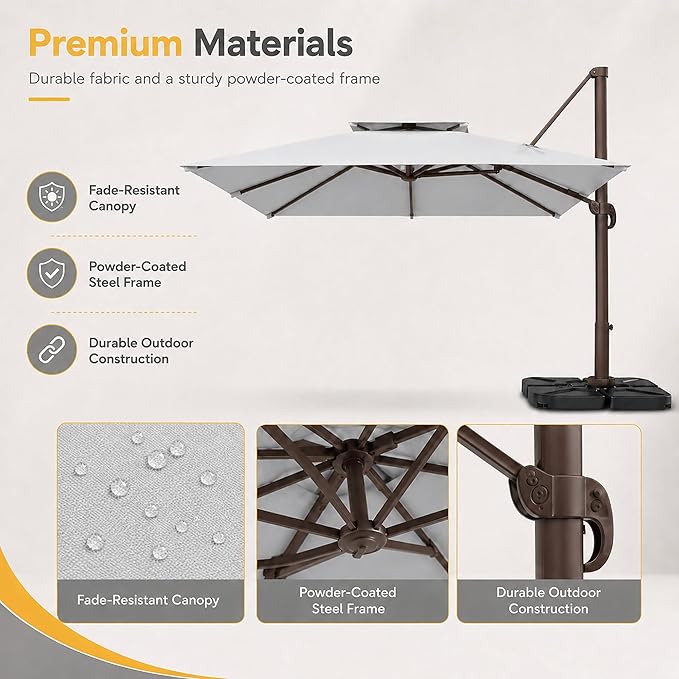 10FT Cantilever Patio Umbrella with Solar Lights, Large Outdoor 2 Tier Aluminum Offset Square Umbrellas 360 Degree Rotation for Garden Deck Pool
