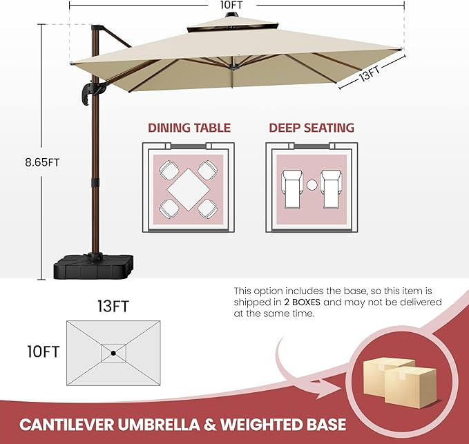 GENTEACO 10x13FT Rectangle Cantilever Patio Umbrella w/Base Included, Deluxe Wood Pattern Pole & 7 Angle Tilts, 360° Rotation, Offset Hanging Market Umbrellas for Garden Pool Patio, Beige