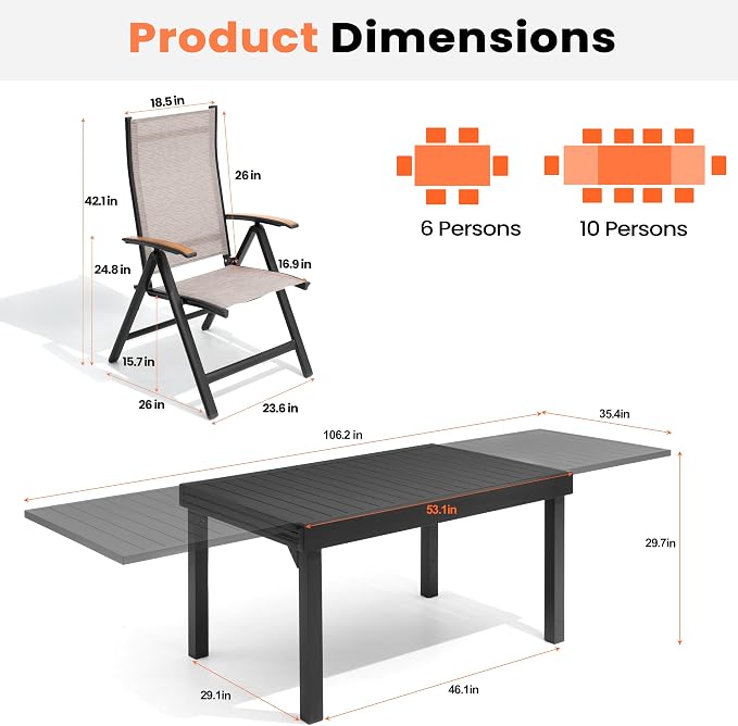 Pellebant 11 Piece Aluminum Outdoor Dining Set for 6-10 Person, 53" - 106" Expandable Outdoor Dining Table and 10 Foldable Chairs, Weather Resistant Outdoor Furniture Set for Deck, Porch & Backyard