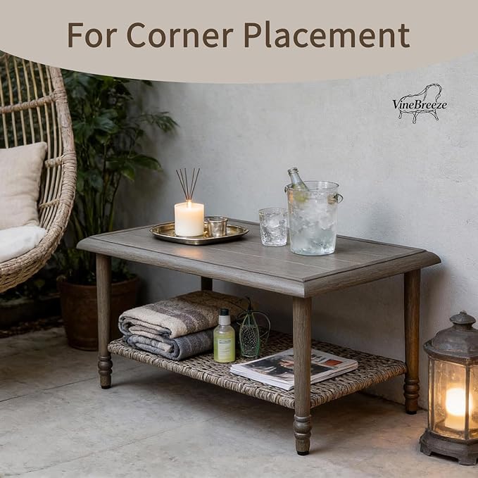 Coffee Table with Storage, PE Rattan Top & Durable Frame, Outdoor Coffee Table Rectangular, Outdoor Patio Table for Balcony Porch Garden Supports 200 lbs, Handwoven Rectangle Design(42” x 23” x 18)