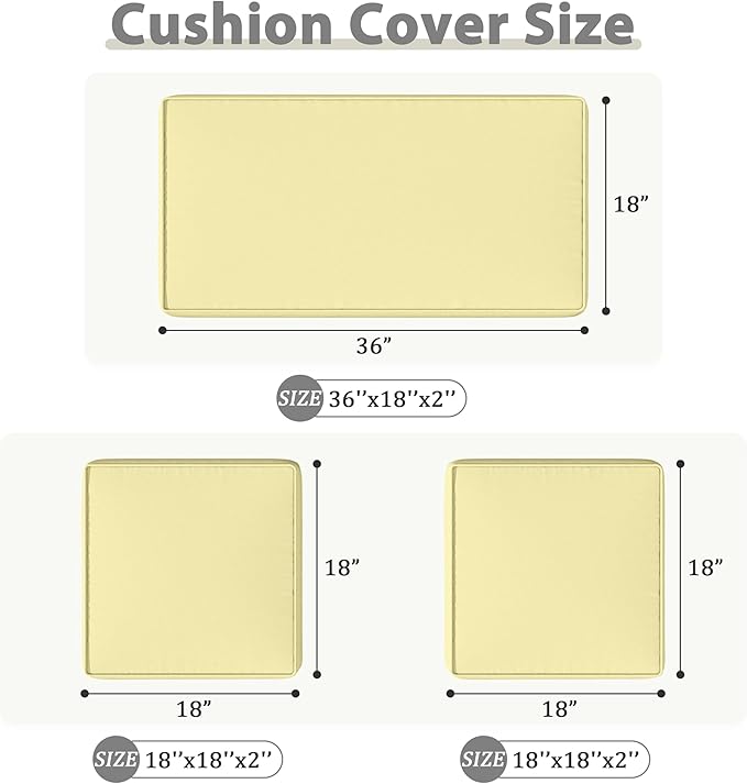 3 Pack Outdoor Patio Seat Cushions Replacement Covers Fit for 4 Pieces 4-Seater Wicker Rattan Patio Conversation Set Loveseat Chair Couch Furniture,36x18x2,18x18x2,Liaht Yellow-Cover Only