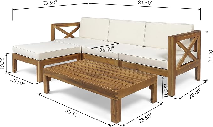 Merax Patio Furniture Set L-Shape Sofa with Table and Cushions for 3-Person, Acacia Wood Outdoor Conversation Set for Patio Deck Backyard Poolside (Beige)