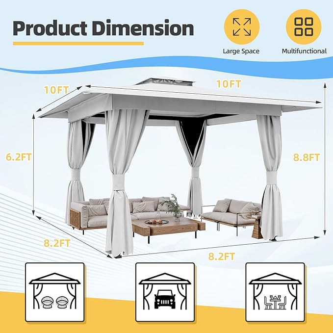 MELLCOM White 10'x10' Outdoor Gazebo for Patio, Heavy Duty Party Tent with Double Roofs, Outdoor Canopy with Curtains and Nettings for Deck, Lawn and Backyard