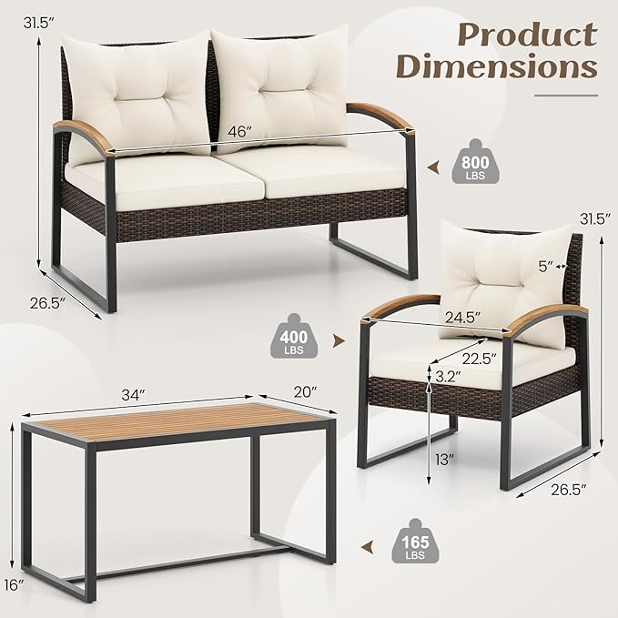 Tangkula 4 Piece Patio Conversation Set, with Heavy Duty Solid Acacia Wood Armrests & Tabletop, Outdoor Cushioned Wicker Furniture Set for Backyard, Poolside, Lawn, Balcony (1, Off White)