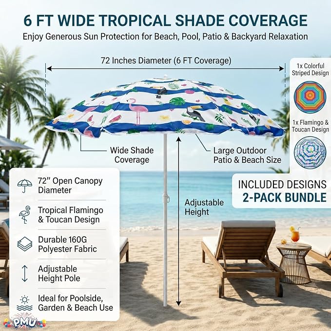 PMU 2 Pcs 6ft Tropical Beach Umbrella – Blue & White Stripes with Flamingo, Toucan & Leaf Print, 72in Open, 160G Polyester, Large Outdoor Patio Pool Parasol Umbrella for Garden, Deck, Backyard & Pool