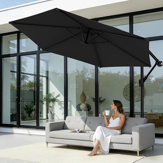 AreShark 10FT Patio Outdoor Umbrella, Offset Patio Umbrella Cantilever Umbrella, 6 Sturdy Ribs, Easy Adjustment for Garden Market Pool with Cross Base (Black)