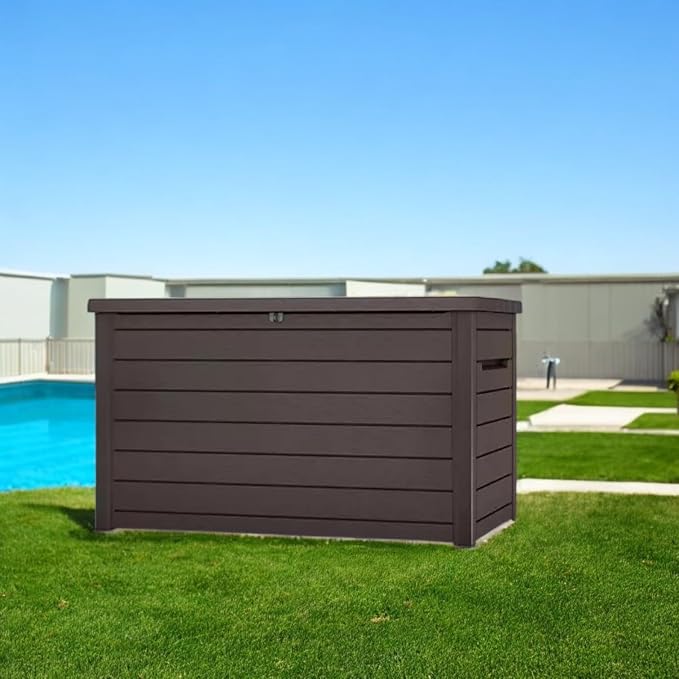 Stylish Indoor/Outdoor Storage Deck Box,Resin,Large Capacity, Weather-Resistant, Lockable lid and Side handles. (Dark Brown, 230 Gallon)