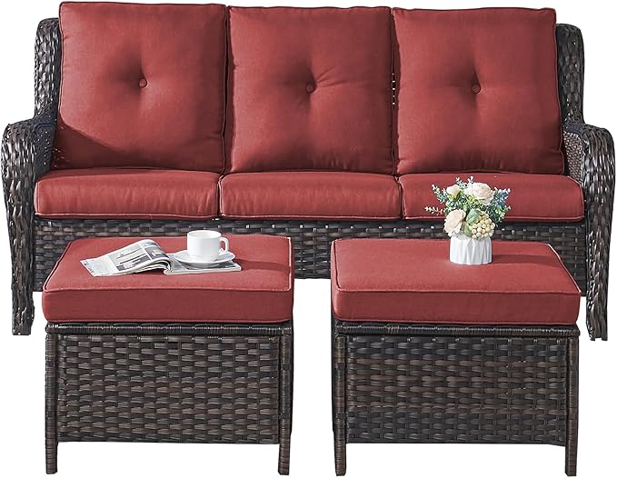 Rilyson 3 Piece Wicker Patio Furniture Set - Outdoor Rattan Patio Comversation Set with 1 Sofa and 2 Ottomans for Outside Porch Deck Garden(Brown/Red)