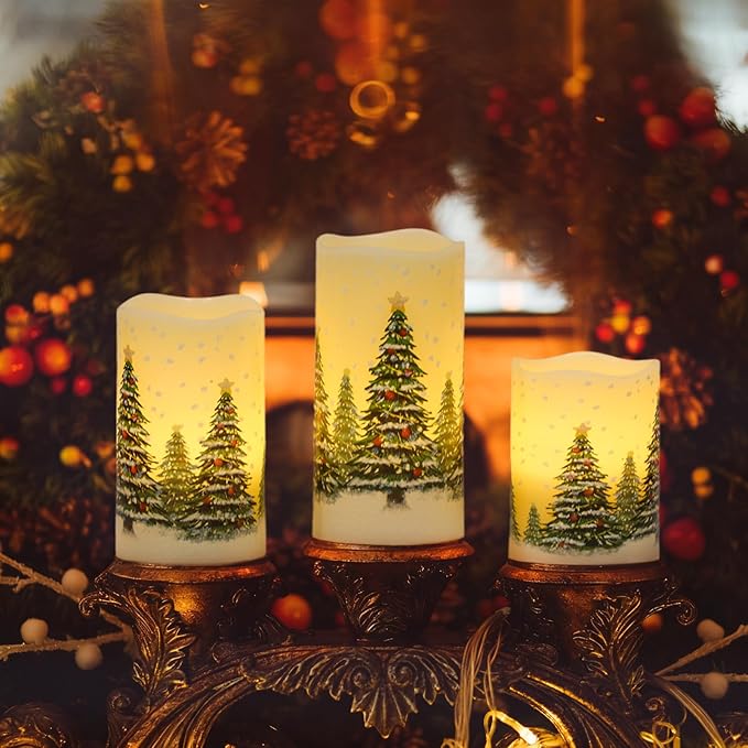 Wondise Flameless Flickering Pillar Candles with Remote Timer, Real Wax Battery Operated Christmas Tree Pine Tree Decal LED Candle for Christmas Decoration Gifts, Set of 3(D3 x H4/5/6 Inch)