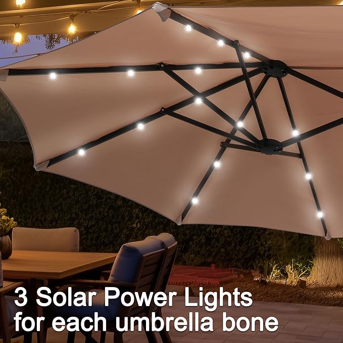 13 ft Patio Umbrella with 36 LED Lights, Large Rectangle Outdoor Solar Umbrella with Strap, Crank, Khaki