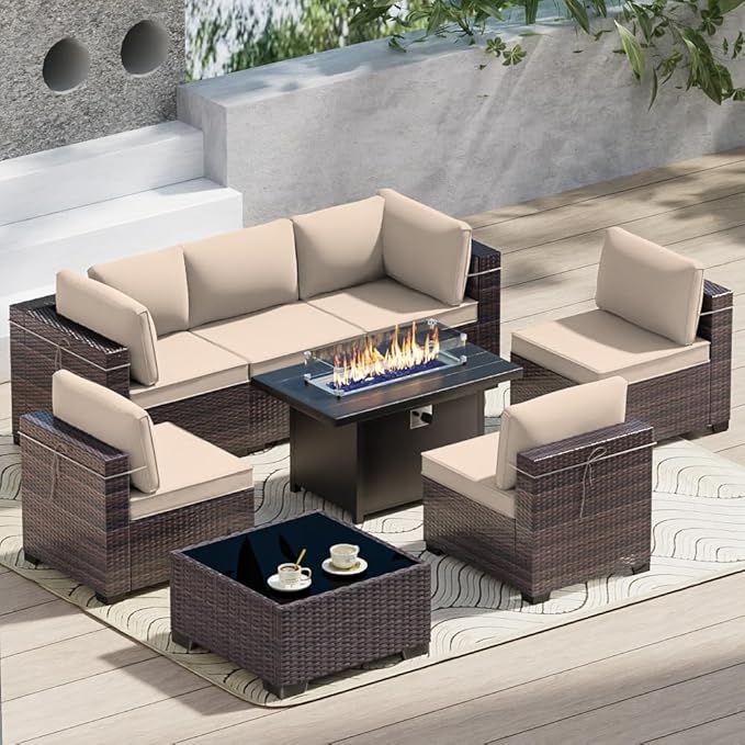 Outdoor Terrace Furniture Set, 8 Piece Outdoor Furniture Set, with 43 inch Aluminum 55001 BTU Propane fire Pit, PE Willow Vine Terrace Dialogue Set - Brown.