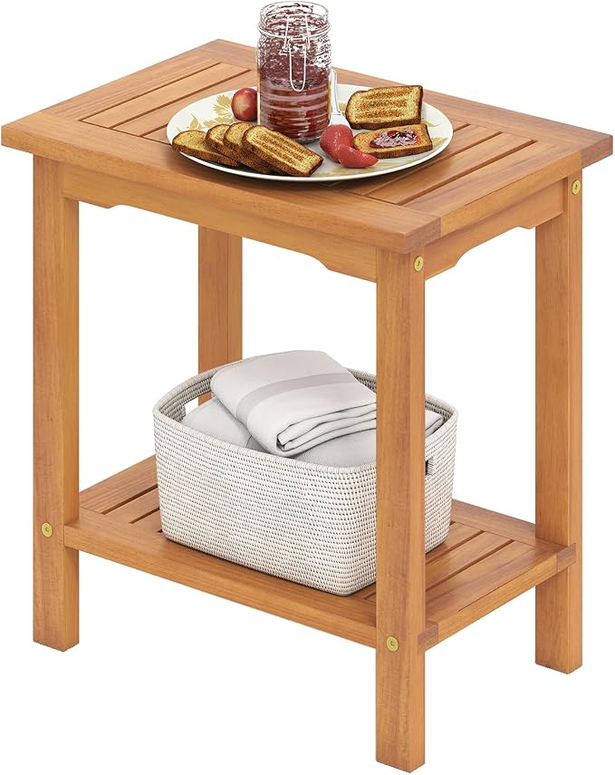HAPPYGRILL Acacia Wood Patio Side Table, 2-Tier Accent Table with Slatted Tabletop & Storage Shelf, Wooden End Table for Living Room Poolside Balcony Porch (1)