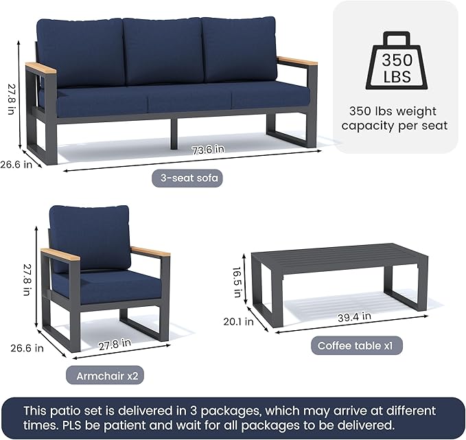 Sundale Outdoor Aluminum Patio Furniture Set, 4 Piece Outdoor Conversation Sets with Coffee Table and Washable Thick Cushions, All Weather Outdoor Sectional Set for Deck, Lawn, Yard (Navy Blue)