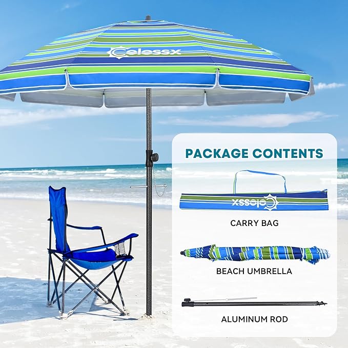 Beach Umbrella for Sand - Windproof Heavy Duty Iron Pole with Sand Anchor, UPF 50+ UV Protection & Tilt Mechanism, Portable Sun Shade Parasol, Carrying Bag for Beach Patio Garden Outdoor