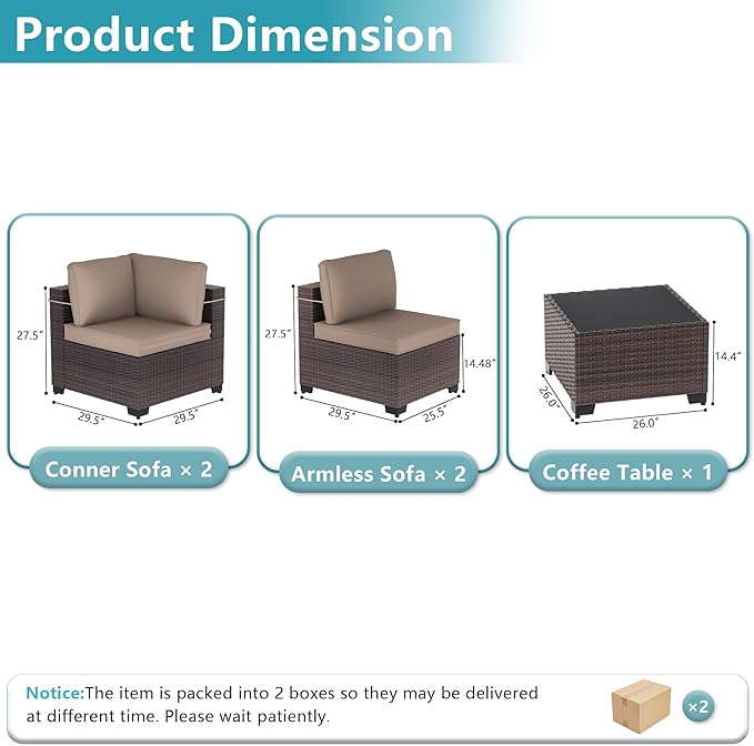 ALAULM 5 Pieces Patio Furniture Set Wicker Patio Conversation Set, Outdoor Sectional Furniture w/Coffee Table & Washable Seat Cushions-Sand