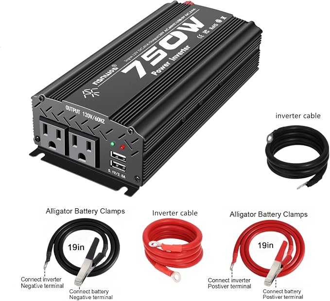 12V Inverter 750W Inverter 12V to 110V or Cars Trucks semi Trucks Various Vehicles with 2 AC Power outlets 2USB Ports