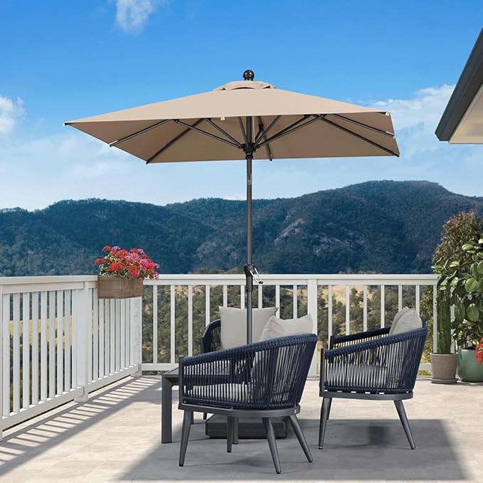 PURPLE LEAF 6.5' x 6.5' Square Patio Market Umbrella with Base Outdoor Table Umbrellas Aluminum Frame Sun Shade with 8 Sturdy Ribs Tilt for Garden Deck Lawn Pool Taupe