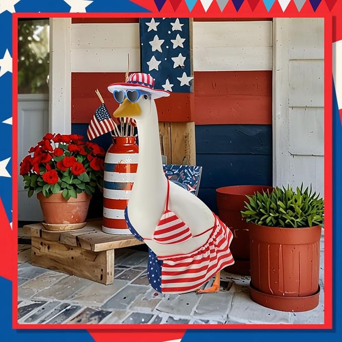 Patriotic Porch Goose Outfits for 23 Inch Statue | 4th of July Hawaiian Bikini Costume for Cement Statue, Summer Sculpture Clothes for Patio USA 250th Anniversary Decoration