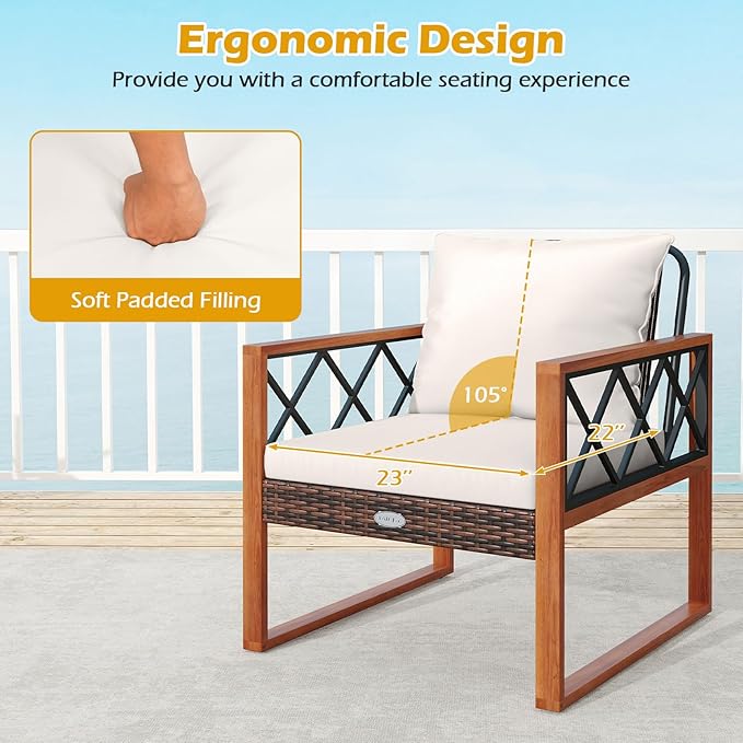 Tangkula 3 Pieces Patio Wicker Furniture Set with Acacia Wood Frame, Outdoor Conversation Cushioned Chairs and 2-Tier Tempered Glass Coffee Table for Porch, Balcony, Garden and Backyard (Off White)