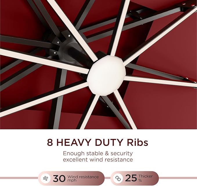 10' X 13' Patio Umbrella with Weighted Base and LED Lights Outdoor Cantilever Large Rectangle Offset Umbrellas Heavy Duty Aluminum Double Top with 360-degree Rotation for Pool Garden Deck, Red