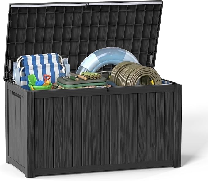 200 Gallon Outdoor Storage Deck Box Waterproof Resin Lockable Outside Bench Porch Patio Furniture Pool Float Garden Tool Cushion UV Resistant Bin Black
