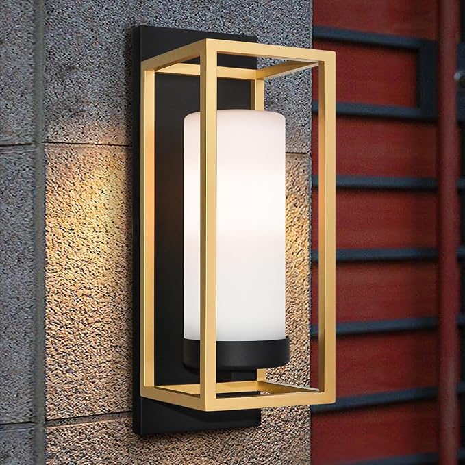 ALVIME Black and Gold Wall Sconce, Modern Outdoor Wall Lights, Hardwired Exterior Porch Light Fixtures, Waterproof Front Door Lighting with E26 Base for House Garage Patio
