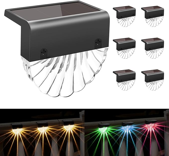 BUNEE Solar Deck Lights Outdoor - 6 Pack Solar Fence Lights Waterproof Solar Stair Lights Outdoor Solar Lights Decor for Backyard Fence Steps Stairs Railing Garden Patio Pathway Outside