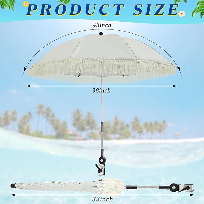 Buryeah 2 Pcs Beach Chair Umbrella Automatic with Universal Adjustable Clamp 44" UPF 50+ Portable Clamp on Beach Chair for Wheelchair Patio Golf Carts Camping