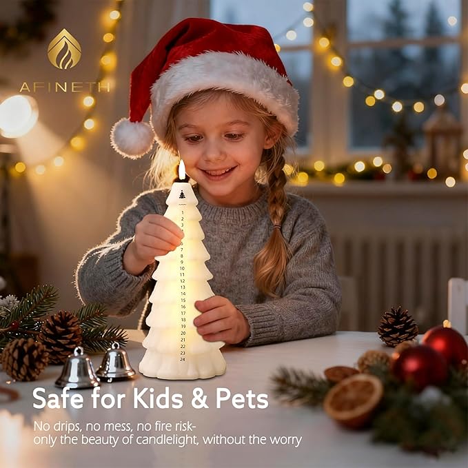 Christmas Tree Candles with Remote, Real Wax Christmas Countdown Candle, Countdown to Christmas Battery Operated Candles, Xmas Flameless Advent Candle for Table Decor