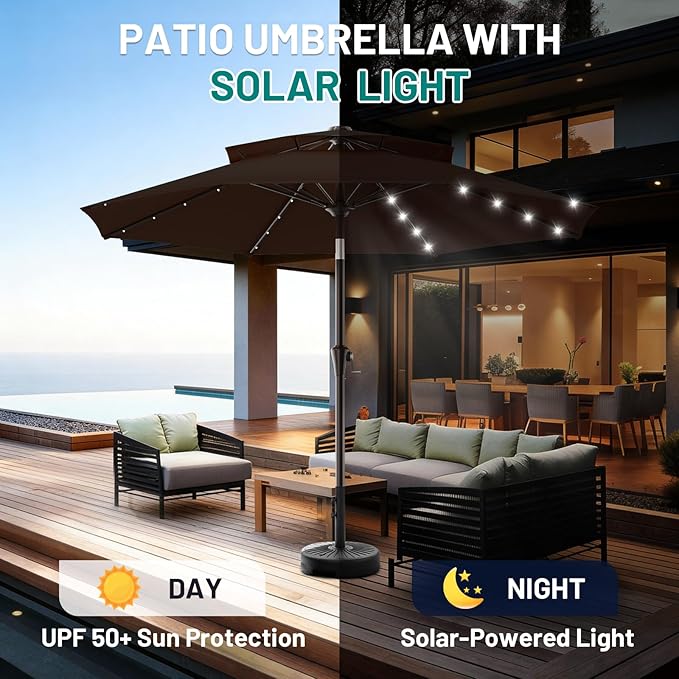 AreShark 9ft 2 Tiers Patio Umbrella with Solar Lights, Outdoor Umbrella w/ 32 LED Lights&8 Sturdy Ribs, Table Umbrella for Deck, Backyard, Pool(Dark Brown)
