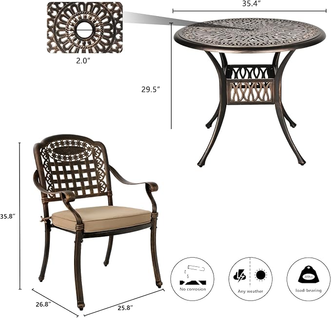 TITIMO 5-Piece Cast Aluminum Outdoor Patio Dining Set, 4 Pattern Chairs and Table,Cast Aluminum Conversation Set with 2.2” Umbrella Hole (Mesh Back Khaki Cushion, 1 Round Table + 4 Chairs)