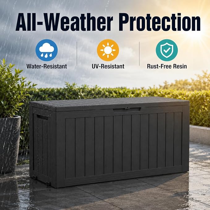 Outdoor Deck Patio Storage Box - 80 Gallon Resin Outside Storage Bin with Lid for Patio Cushions, Garden Tools, Pool Accessories & Backyard Toy Storage, Black