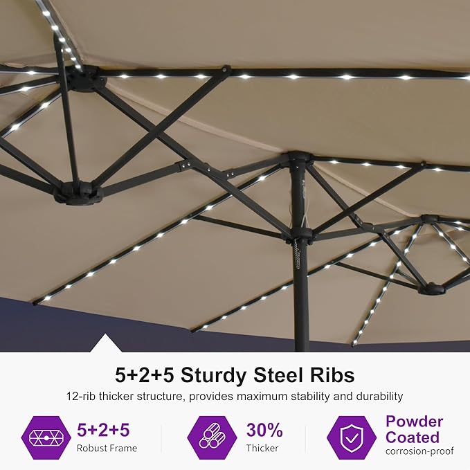 PURPLE LEAF 13ft Double-Sided Patio Umbrella with Solar Lights Outdoor Market Umbrella with Base and Crank Handle Table Umbrella for Backyard Pool Garden Deck, Khaki