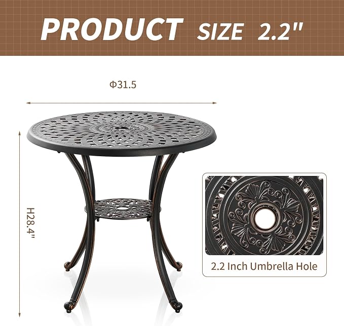 3 Piece Patio Bistro Set, Outdoor Cast Aluminum Dining Set, Patio Bistro Furniture Set Round Table with Umbrella Hole for Backyard Lawn Garden